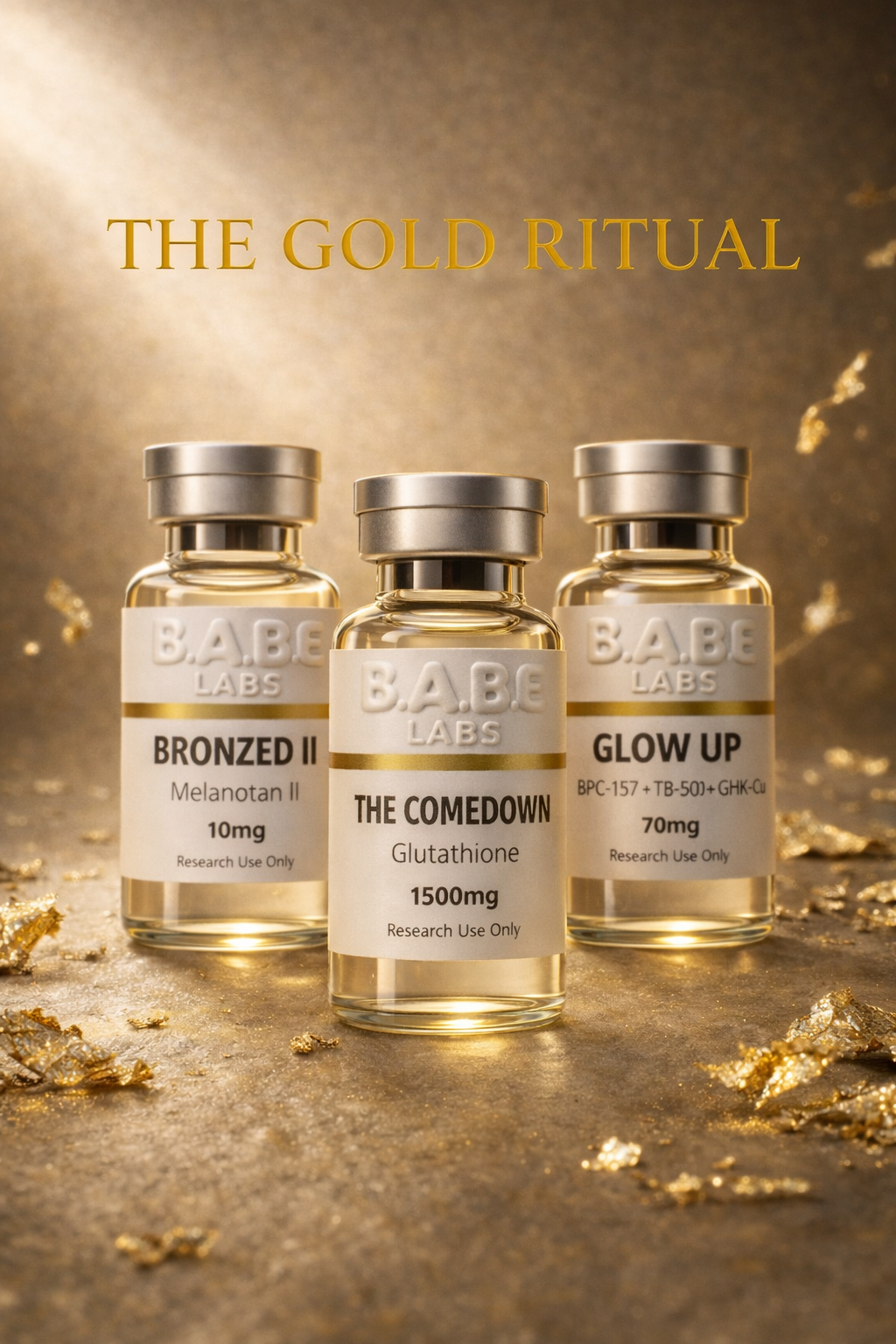 THE GOLD RITUAL: BRONZED (Melanotan II) + GLOW UP (GHK-Cu, BPC-157, TB-500) + THE COMEDOWN (Glutathione)